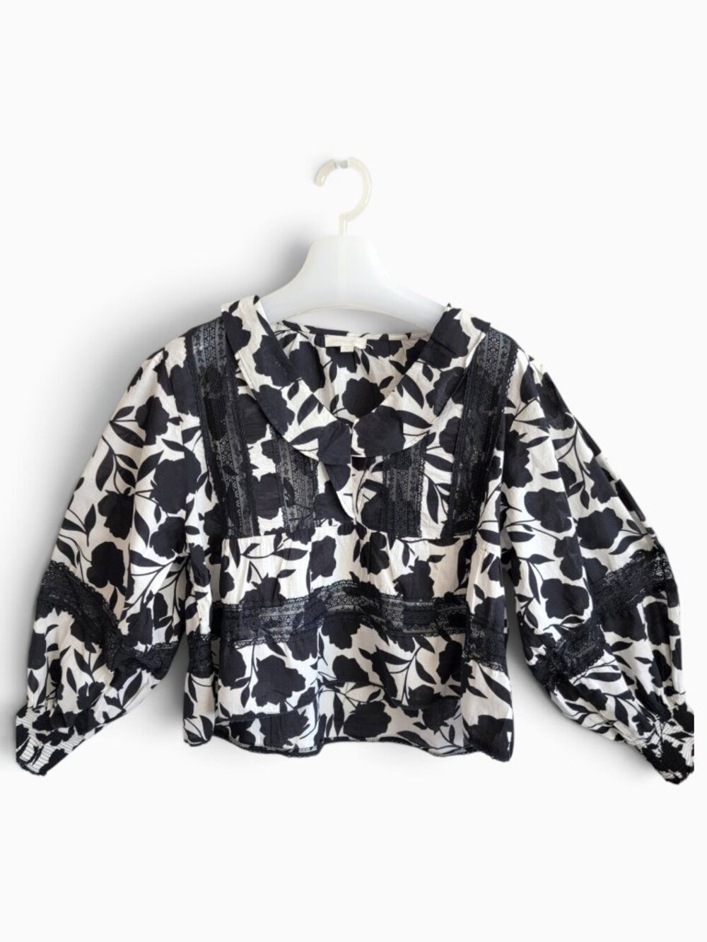 Jennifer & Grace Black White Floral Peasant Blouse M Cotton Lace Boho